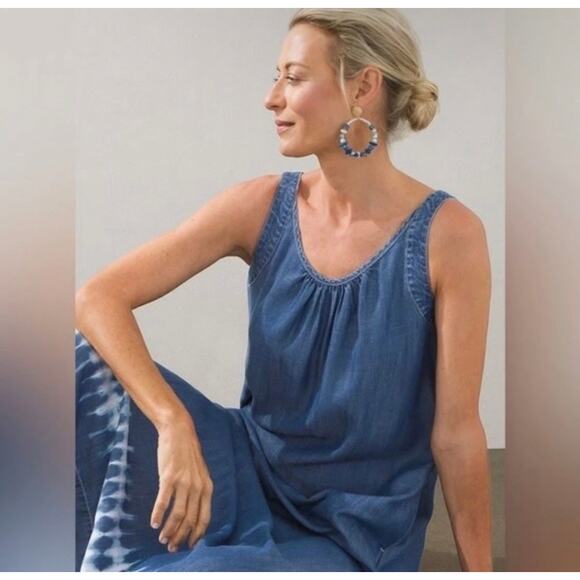 Chico's Chambray Blue Tencel Maxi Long Tank Dress Tie Dye Hem Pockets Sz M (2) - Picture 4 of 13